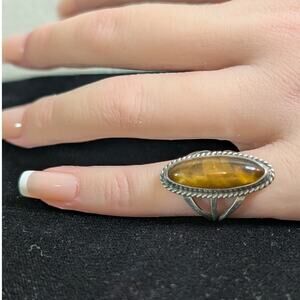 Vintage Sterling Silver Tiger's Eye Long Oval Native American Ring Size 4